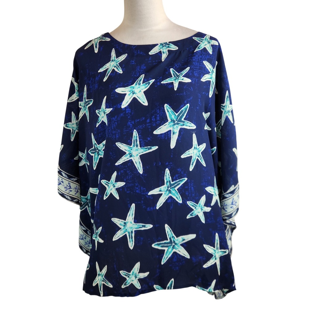 Quacker Factory Womens L Blue Starfish Print Poncho Top Kaftan Beach Cover Up